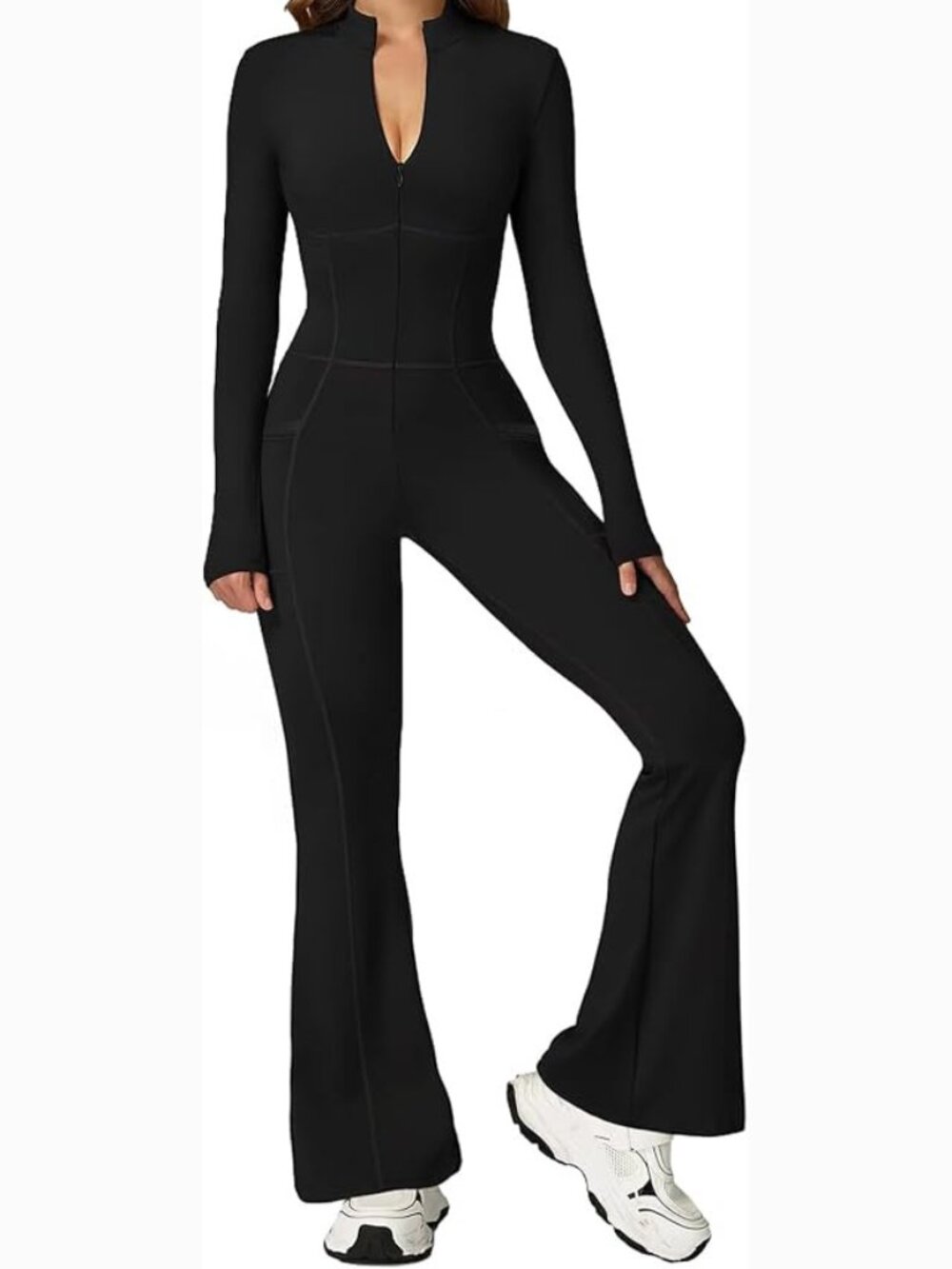 One Piece Long Sleeve Workout Jumpsuit with Flared Legs and Pockets